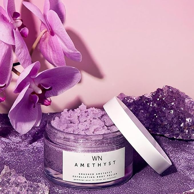 Amethyst Crystal Body Scrub – Purple Exfoliating Body Polish for Smooth, Glowing-Looking Skin, Sugar & Botanical Oil Blend, Spa-Inspired Self-Care