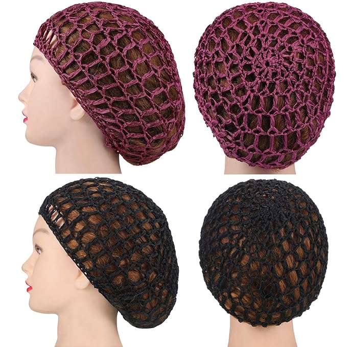 Geyoga 4 Pieces Mesh Crochet Hair Net Rayon Knit Snood Hat Thick Short Women Hairnet Snoods Cover Ornament for Sleeping (Black, Gray, Wine Red, Brown)