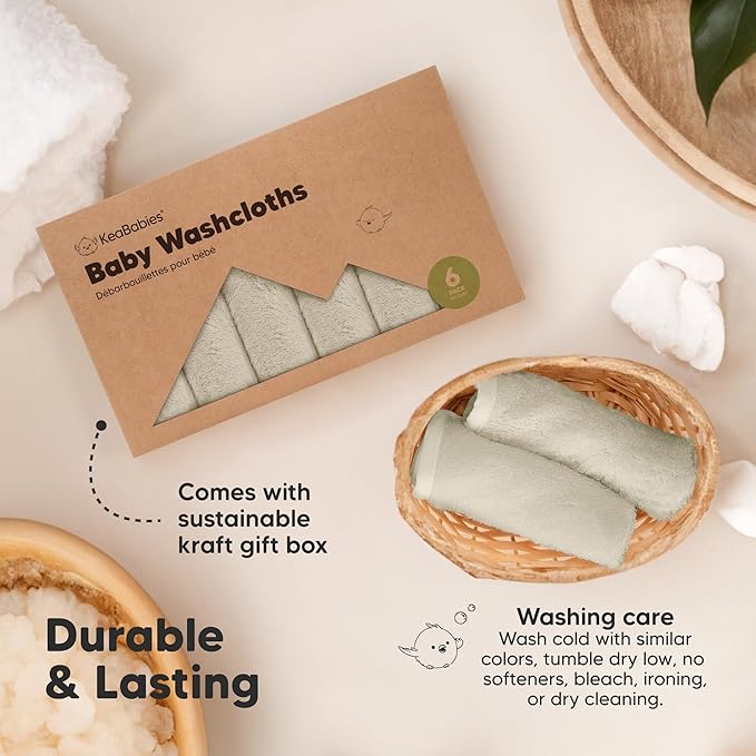 6-Pack Baby Washcloths - Soft Absorbent Viscose from Bamboo Wash Cloths for Babies, Kids, Toddlers, Infant, Newborn Bath Towels, Gentle on Sensitive Skin, 10x10 Reusable Face Towels (Stone)