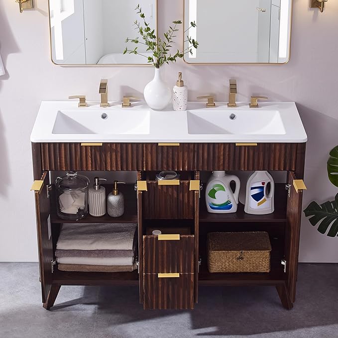 T4TREAM 48" Fluted Bathroom Vanity with Resin Sink Combo，Freestanding Modern Bathroom Storage Vanity Cabinet with Soft Closing Doors & 2 Drawers，Wood Grain Texture，Metal Handle，Dark Walnut