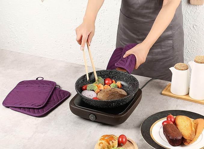 Cotton Pocket Pot Holders Machine Washable Heat Resistant Hot Pads for Kitchen Square Purple Oven Mitts 7"x9" Set of 3
