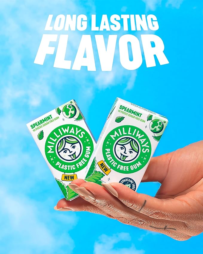 Milliways Spearmint Super Natural Gum - Plastic-Free Chewing Gum | Xylitol, Aspartame-Free, Sugar-Free, Plant-Based | 4 Packs of 10 Pieces (40 Pieces Total)