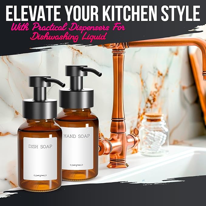 2Pcs Amber Glass Foaming Soap Dispenser - 8.5 oz Amber Glass Soap Dispenser with Pump, Compatible with Hand Soap, Dish Soap, Shampoo and Gel, Durable, Stylish & Refillable for Bathroom and Kitchen