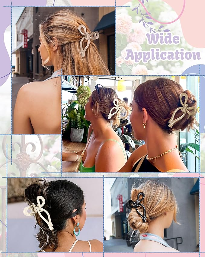 4 PCS Bow Hair Clips Bow Claw Clip for Women Nonslip Large Hair Claw Clips for Thin and Thick Hair Strong Hold Hair Bows (Black+White+Brown+Pink)