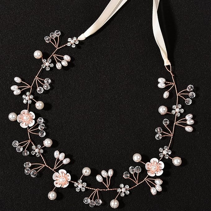 Flower Girl Hair Accessory - Princess Headpiece with Pearl Headband for Kids, Bridal Wedding, and Women (Rose Gold)