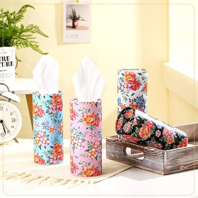 Tanlade 4 Pack Car Tissue Holder Tissues Cylinder Facial Tissue Floral Cylinder Travel Tubes for Car Cup Holder Spring Summer Home Bathroom Office Decor Christmas Ideal Gift for Women