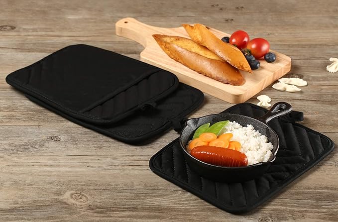 Oven Pot Holder with Pocket Cotton Heat Resistant Coaster Potholder Kitchen Hot Pad Oven Mitts for Cooking Square 7"x9" Set of 3 (Black)