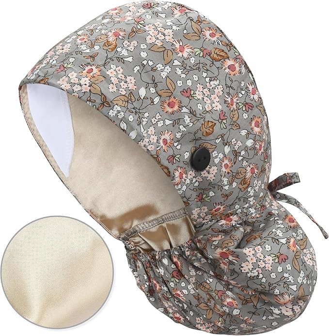 QBA Adjustable Working Cap with Button, Satin-Lined Hat, Cotton Working Hat Sweatband, Elastic Tie Back Hats Unisex
