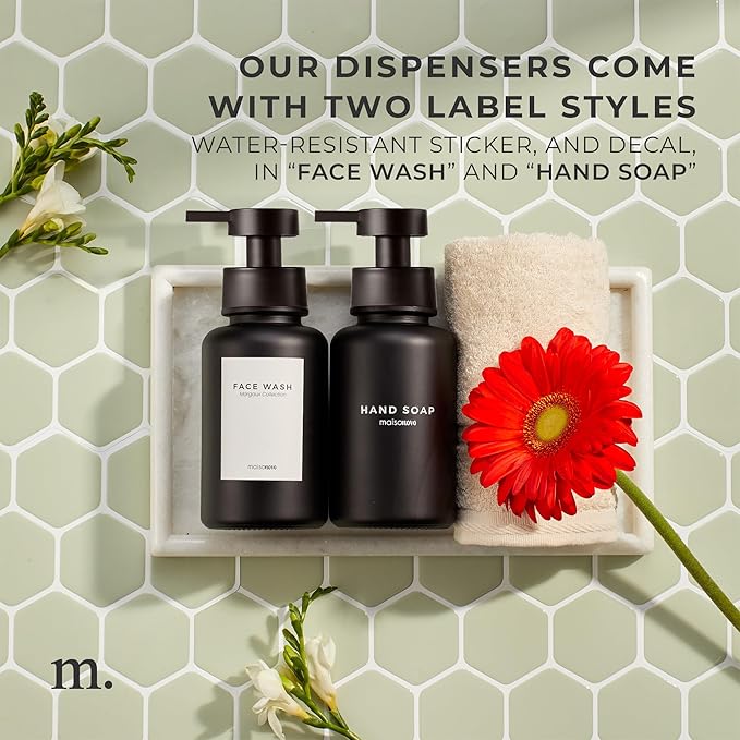 MaisoNovo Glass Foaming Hand Soap Dispenser 14 Oz | Black Foaming Soap Dispenser Black Plastic Pump x 1 w/Labels