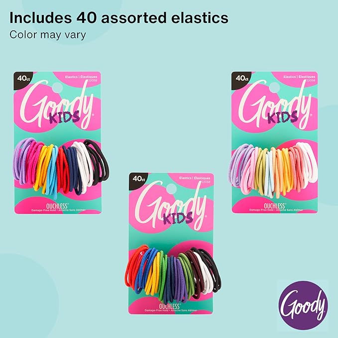 Goody Kids Ouchless Hair Elastics – No Pull, No Breakage, Tangle-Free Hold for Fine Hair – 40 Count, Assorted Colors, Long-Lasting Ponytail Holders for Girls & Boys