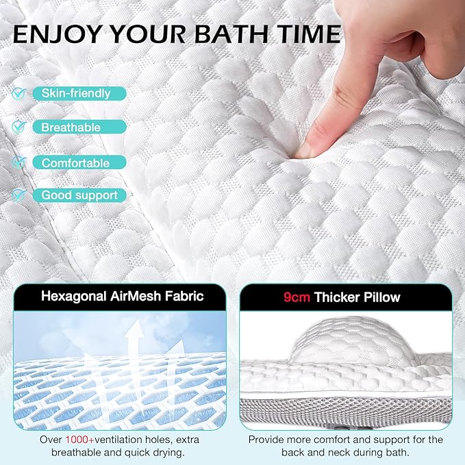 Full Body Bath Pillow for Bathtub, Thick Soft Tub Cushion with Non-Slip Suction Cups Dual Hooks, Luxury Spa Pillow for Neck Back and Hip Support, 55" x 18"
