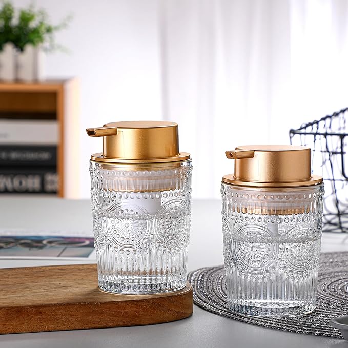 8 Oz Glass Dish Soap Dispenser, Clear Hand Liquid Bottle with Gold Plastic Pump, Refillable Round Dish Lotion Dispensing for Kitchen Sink & Bathroom Counter
