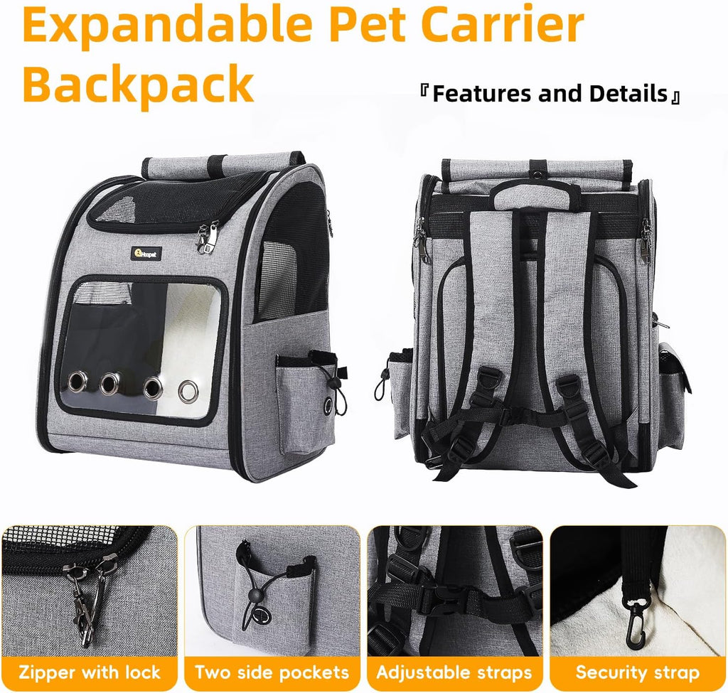 Hoopet Expandable Cat Backpack Carrier – Breathable Pet Carrier for Small Cats & Dogs, Foldable Travel Backpack with Mesh Ventilation for Hiking, Walking, Camping, Light Grey