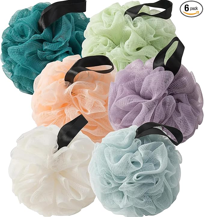 Loofah Sponges for Shower,Pastel Plus 6 Pack - Blue, Purple, Light Green, Beige, Orange & Peacock Green