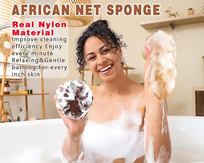 2 Pack African Net Sponge Exfoliating Body Scrubber Bath Sponge for Daily Use (Dark Brown+Light Brown)