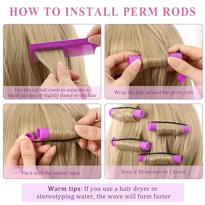60Pcs Hair Perm Rods Set - 3 Sizes Plastic Cold Wave Rods with Elastic Rubber Band Non Slip, Perming Rods for Long Short Natural Hair Hairdressing Tools（Purple+Orange+Beige)