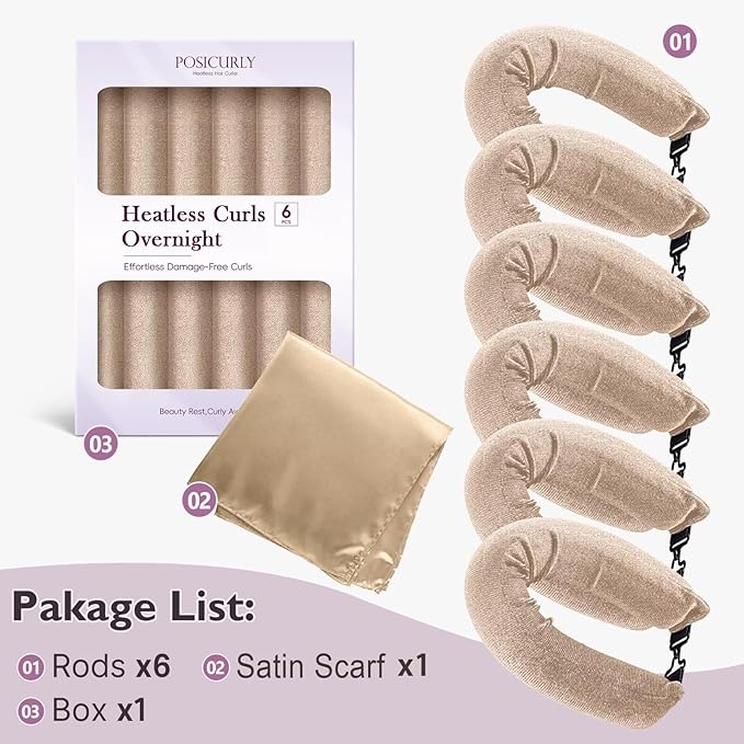 Overnight Hair Curlers Heatless Curls - 6 Pcs No Heat Blowout Curling Rods to Sleep In with Satin Hair Scarf