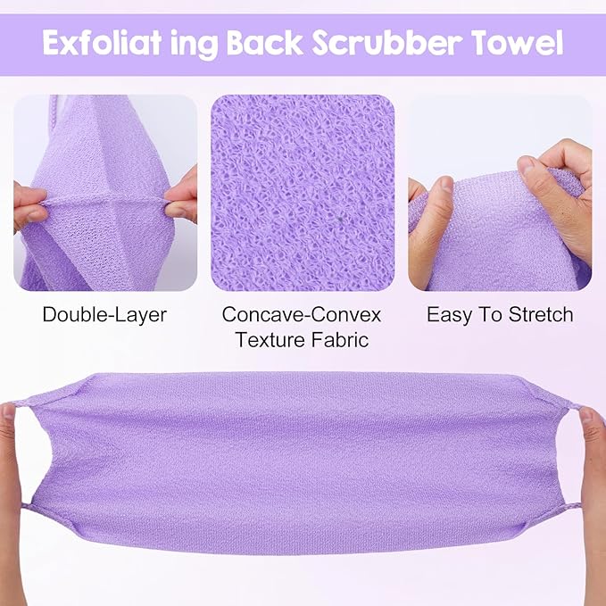 4PCS Exfoliating Back Scrubber with Handles, Double-Sided Nylon Exfoliating Washcloth Extended Length Exfoliator Stretchy Pull Strap Back Washer Body Exfoliatin Washcloth for Women Men