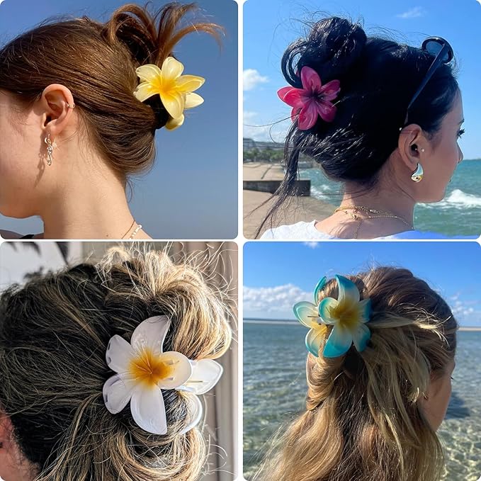 Flower Hair Claw Clips for Women, 6 Pack Hawaiian Flower Hair Clips, Plumeria Claw Clips for Thick Thin Hair, Large Strong Hold Nonslip Hawai Hair Accessories for Women Girls Gifts (Hawaiian-6 Colors)