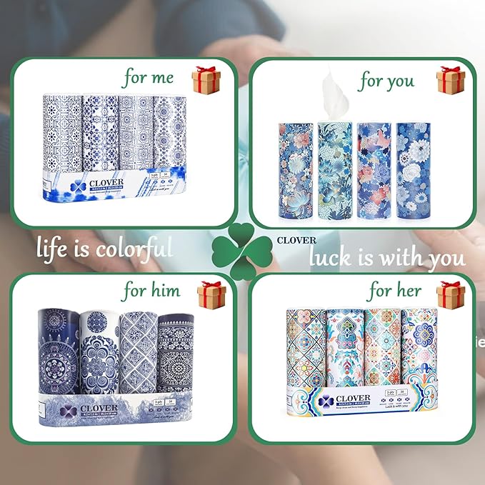 CLOVER Car Tissue Holder with Facial Tissues Bulk,4 Tubes Lotion, Travel Tissues for Cup Holder, Car tissues Cylinder with Gift Wrapping(3-ply,200 Sheets)