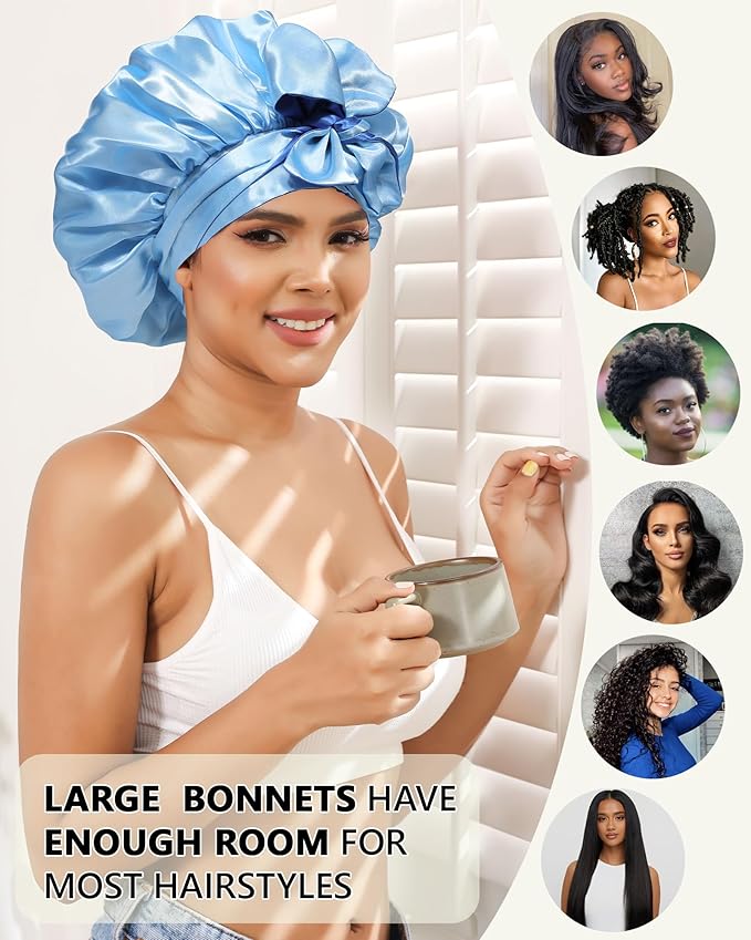 AWAYTR Satin Bonnet Silk Hair Wrap Sleeping Cap for Women with Curly Hair, Reversible Double Layer Sleep Cap with Tie Band (Blue) 7 7/8-8