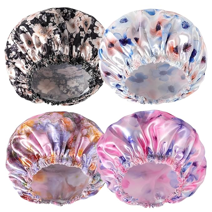 4 PCS Shower Caps for Women, Printing Bath Caps, Double Layers Shower Cap Reusable Waterproof, Bathing Shower Caps, Environmental Protection Hair Bath Hat - Flower C