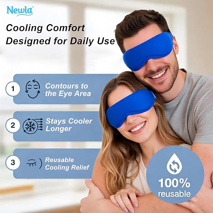 Cooling Gel Eye Mask for Puffy Eyes, Reusable Contoured Cold Eye Mask for Dark Circles, Eye Fatigue & Sinus Pressure, Soft Flexible Ice Pack with Adjustable Strap, Blue