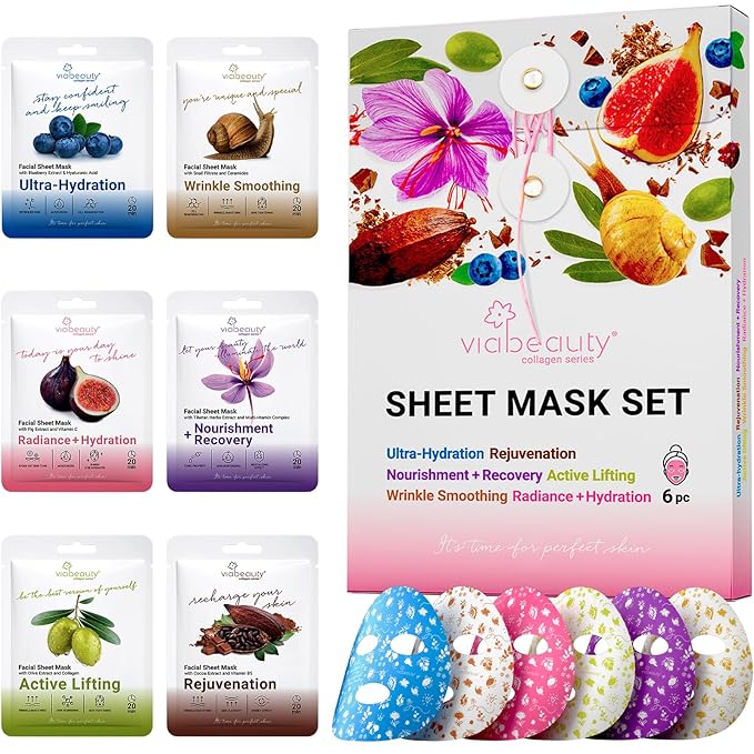 6 Pack of Sheet Face Masks Skincare - Collagen Face Mask Sheets with Hyaluronic Acid, Vitamin C, Snail Mucin - Facial Sheet Mask for Hydrating, Moisturizing, Rejuvenating