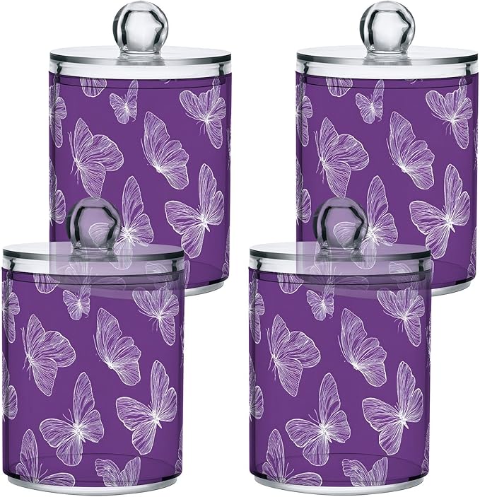 2 Pack Purple Butterflies Apothecary Jars with Lid, 12 Oz Clear Plastic Apothecary Jar Set Qtip Holder Storage Containers for Cotton Ball Swabs Bathroom Vanity