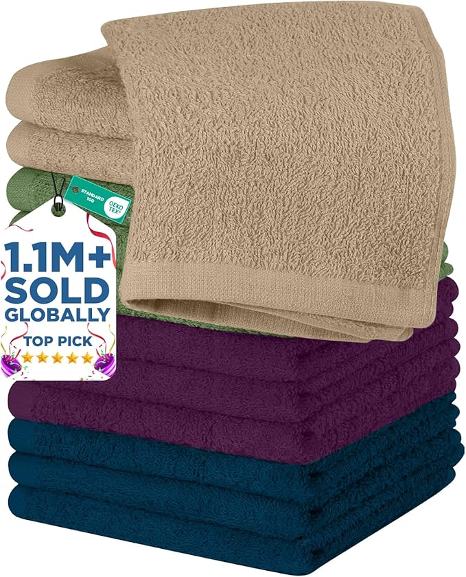 DAN RIVER 12 Pack Wash Cloths for Showering [12x12] - 100% Cotton Washcloths Premium Quality Flannel Face Cloths for Bathroom, Highly Absorbent and Soft Feel Wash Clothes, Assortment 2