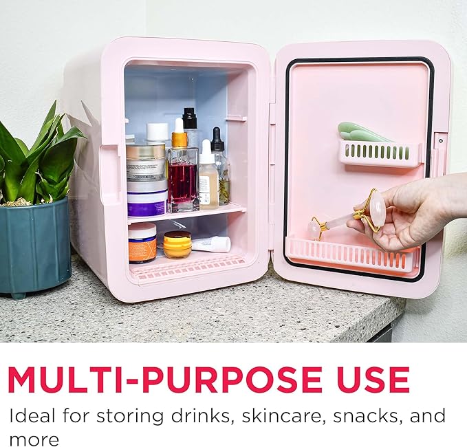 FRIGIDAIRE Mini Personal Fridge Cooler, LED Lighted Mirror, 6.5L Capacity, 9 Cans, 100% Freon-Free & Eco Friendly, for Makeup, Skincare, Portable, Pink