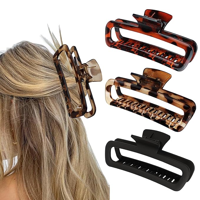 Hair Claw Clips Plastic 5.1 Inch Large Unbreakable Glossy Rectangle Square Strong Hold Jaw Clips Neutral Colors XL for Women Thin Thick Long Curly Hair - 3 Pack