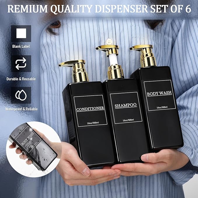 Gejoy 12 Pack Black Shampoo and Conditioner Dispenser Bottles, 17 Oz/ 500ml Refillable Empty Pump Bottles with Labels and Marker Pen, Plastic Square Pump Dispenser Bottle for Bathroom Body Wash Shower