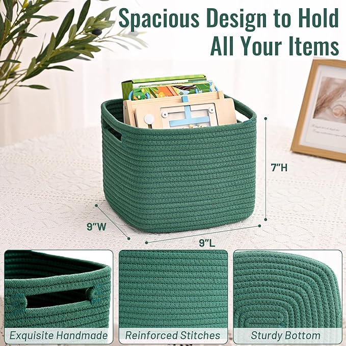 3 Pack Cube Storage Bin, 9”x9”x7” Cotton Rope Woven Baskets for Organizing Toys Clothes Towels, Square Gift Storage Baskets for Shelf, Nursery, Closet, Bathroom, Pantry (Green)