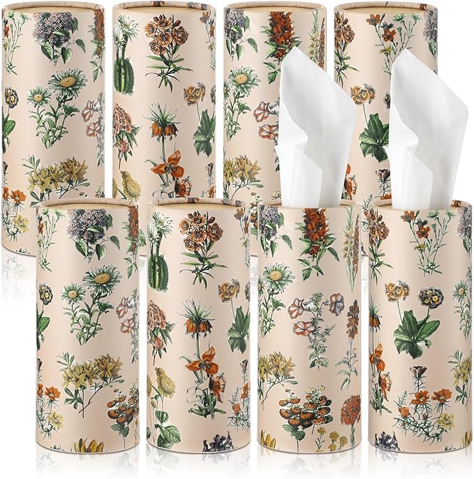 Zonon 8 Pcs Car Tissues Holder Round Box with Facial Tissue Bulk Boho Flower Car Tissues Cylinder with 50 Sheets Face Towel Fit for Christmas Cube Boxes Vintage Round Tubes Cup Holder Container Travel