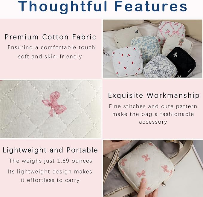 Small Quilted Cosmetic Pouch for Purse, Mini Cotton Makeup Bag with Compartments, Cute Zipper Lipstick Holder for Women (03White Bow)