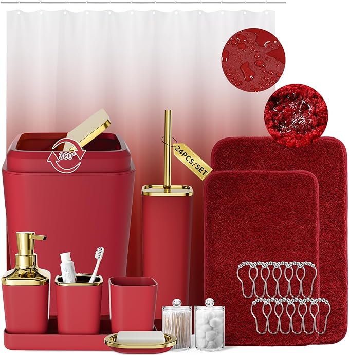 Burgundy Bathroom Accessories Set with Shower Curtain and Rugs, Dark Red Bathroom Accessories with Trash Can,Toothbrush Holder and Cup,Soap Dispenser,Tray,Soap Dish,Toilet Brush,Qtip Holders