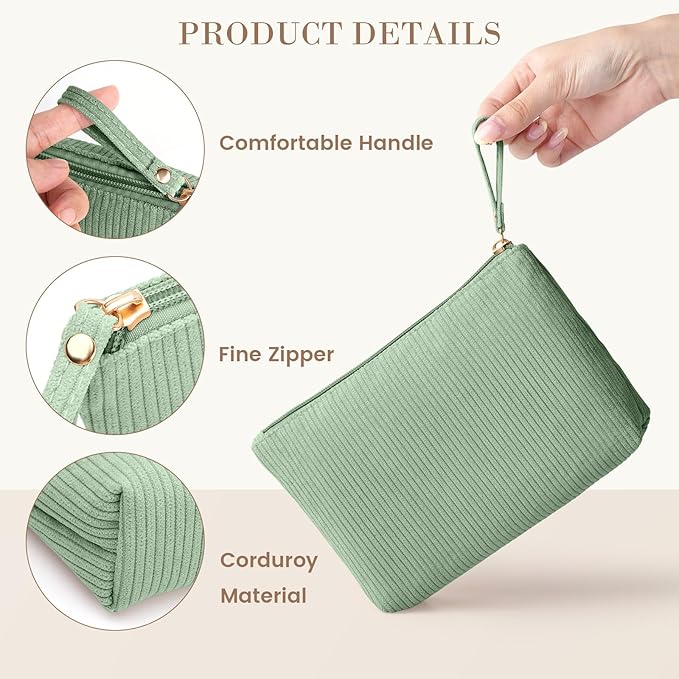 MAGEFY Small Makeup Bag, Corduroy Small Pouches for Purse Cosmetic Bag Makeup Pouches for Key Pocket Lipstick Bag Card Holder Data Cable Organizer(Green,Small)