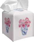 Grace Yonks Cute Tissue Box Cover Square - Blue Floral Vase & Pink Rose Design 5.2" PU Leather Holder for Vanity, Desk, or Bathroom Counter - Cube Case for Facial Tissues(002)