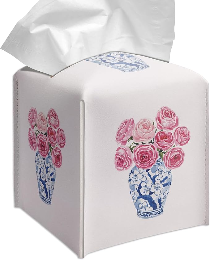 Grace Yonks Cute Tissue Box Cover Square - Blue Floral Vase & Pink Rose Design 5.2" PU Leather Holder for Vanity, Desk, or Bathroom Counter - Cube Case for Facial Tissues(002)