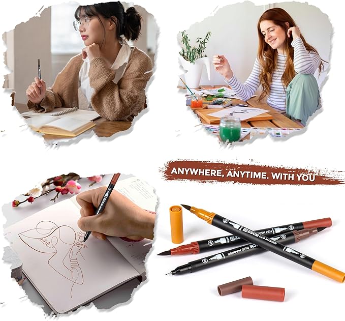 Brown Duo Tip Marker Pens, 12 Pack Fine & Brush Markers for Adult Coloring Books No Bleeding, Earth Brown Markers for Wood Texture, Animal Fur, Vintage Effects and Antique Coloring