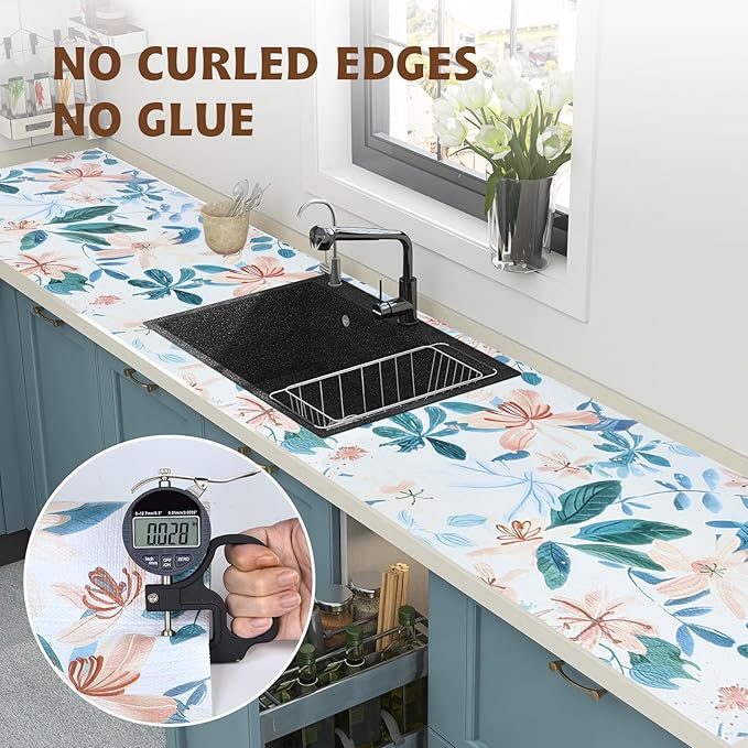 Shelf Liners for Kitchen Cabinets 12in x 10FT, Non Adhesive Drawer Liner Colored Flowers Thickened Shelf Liner Non-Slip Easy to Clean for Tool Box Refrigerator with Knife and Tape Measure