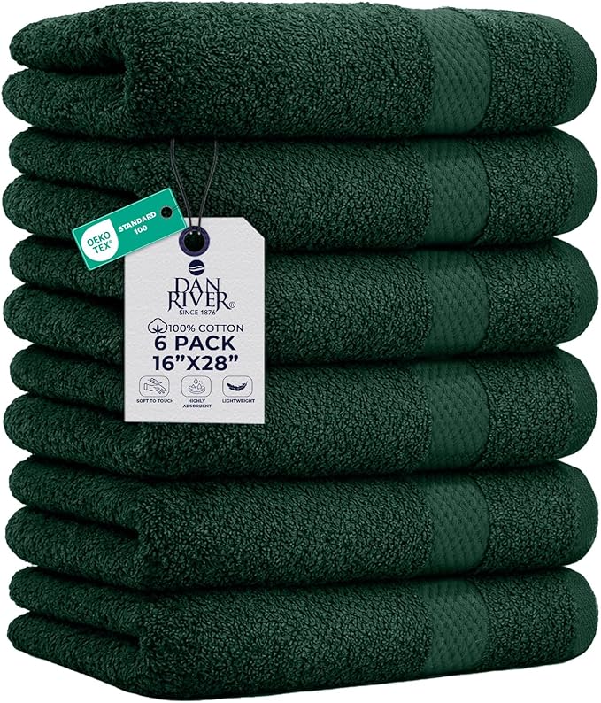 DAN RIVER 6-Pack Premium Hand Towels (16x28 Inches) - 100% Cotton, Ultra Soft, Lightweight, Highly Absorbent Towels for Bathroom, Spa, Gym, Salon, Hotel, and Travel - Hunter Green