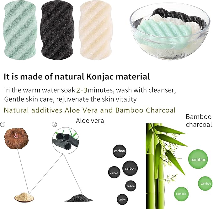 3 Pcs Konjac Bath Sponge for Kids, Babys, Infant, Toddler, 100% All Natural KONJAC Shower Body Sponges, 3 Colors and Extra Large Size, Safe for Oily, Dry, Combination or Sensitive Skin
