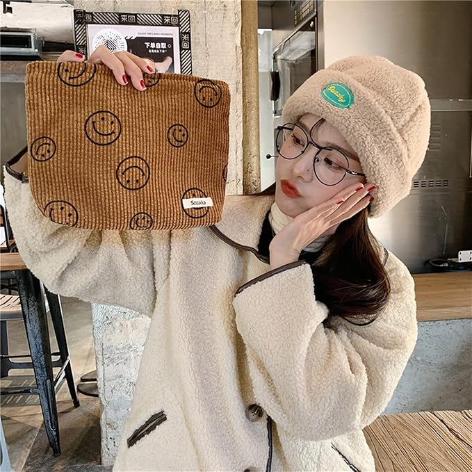 Cosmetic Bags for Women - Corduroy Cosmetic Bag Aesthetic Women Handbags Purses Smile Dots Makeup Organizer Storage Makeup Bag Girls Case Bags (A-Brown)