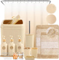 32PCS Bathroom Sets with Shower Curtain and Rugs Beige Bathroom Accessories Set Shower Curtain Set 3PCS Lotion Soap Dispenser Bathroom Accessories with Black Bathroom Decor
