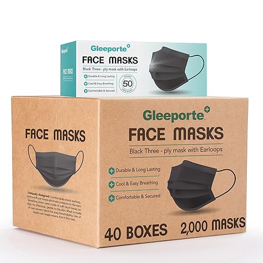 [Pack Of 2,000] Black Disposable Face Mask, 3-Ply Adult Masks, Facial Cover with Elastic Earloops For Home, Office, School, and Outdoors
