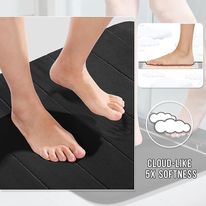Yimobra Large Bath Mat Set 2 Piece- Super Soft Absorbent Quick Dry Memory Foam Bathroom Rugs, Machine Washable Non Slip Floor Carpet for Tub Shower & Double Vanity (17x24 & 44x24, Black)