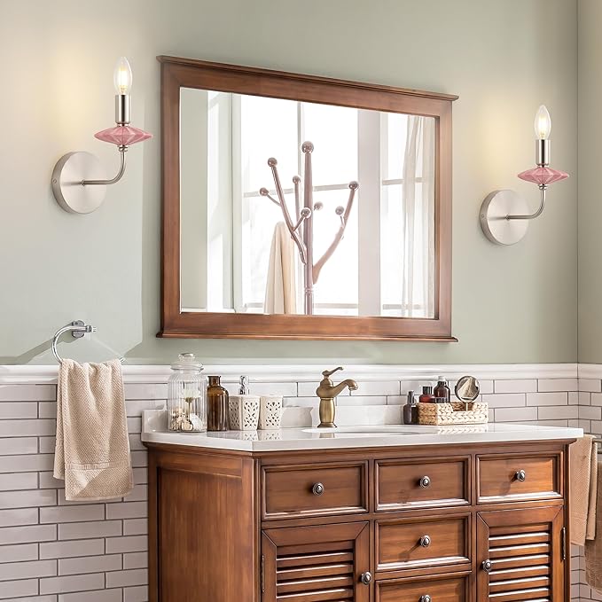 Modern Retro Wall sconces Set of Two with Pink Ceramic Flower Decoration,Brushed Nickel Wall Lights, Hardwired Vintage Vanity Light for Bathroom, Living Room, Bedroom, and hallways.