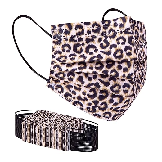 Borje Disposable Face Masks with Designs Cute Face Mask 3 Ply Cheetah Print 50 Pcs